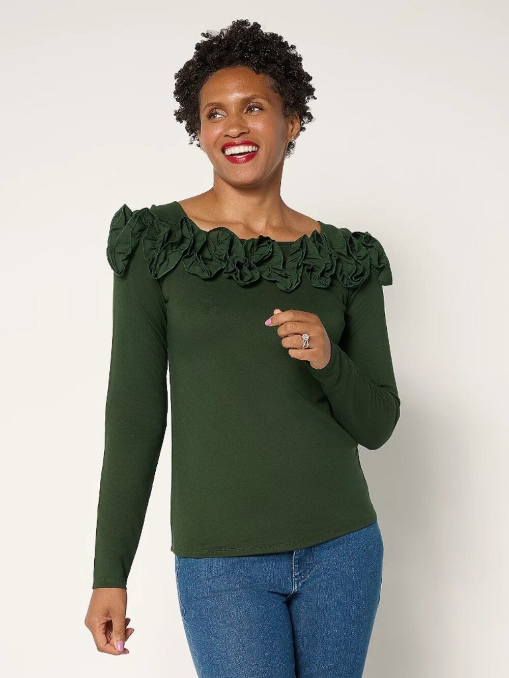 BEAUTIFUL by Lawrence Zarian Silky Ponte Top Rosette Detail, Green Sz S a630468